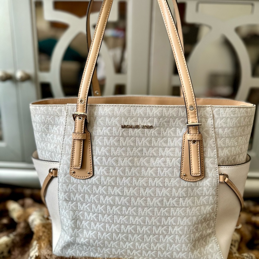 Michael Kors Cream and Tan Tote Bag with Monogram Pattern